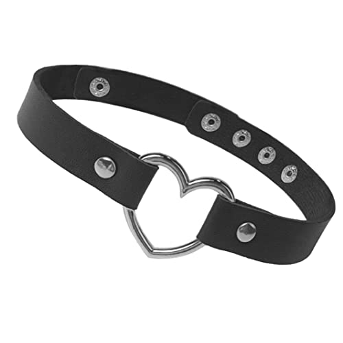 Punk Choker Ajustable Amor Heart PU Cadena Collar Soft Black O-Ring Goth Gotear, Gargantilla de Cuero Cover