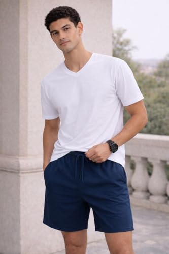 Image of Men's Solid Cotton Lounge Shorts | Premium Soft Breathable Casual Shorts with Elastic Drawstring Waist | Regular Fit Above Knee for Home, Gym & Travel