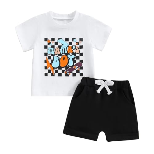 Image of allshope Infant Baby Boy Summer Clothes Letter Print Short Sleeve T Shirt Top Stretch Rolled Shorts Cute Newborn Toddler Outfits, 3-6 Months