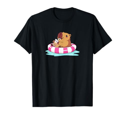 Cute Capybara Pool Float Beach Summer Rainbow Boba Tea Camiseta