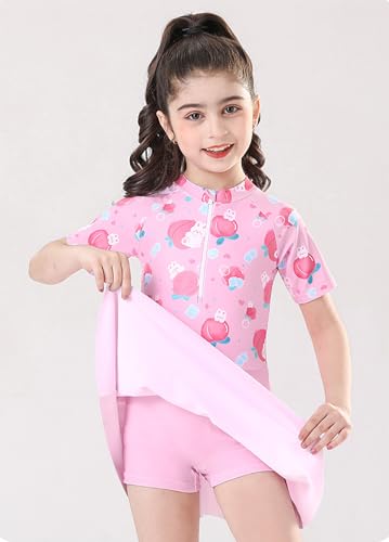 Image of Girls Swimsuit Girls One Piece Skirted Swimsuit Short Sleeve Floral Rash Guard Bathing Suit Swim Dress Swimwear