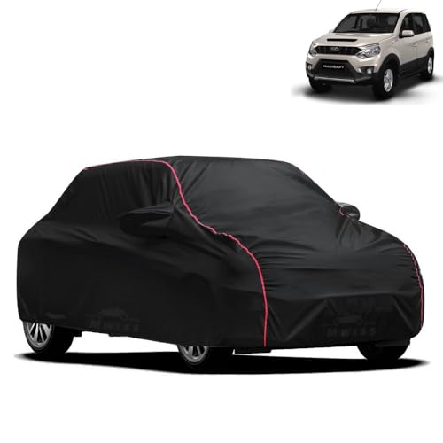 Image of Waterproof Car Cover for Mahindra Nuvosport | All-Weather Protection, Dustproof & UV Resistant | Triple Stitched Mirror Pockets, Windproof Buckle Strap with Elastic Hem, Black-Red Piping