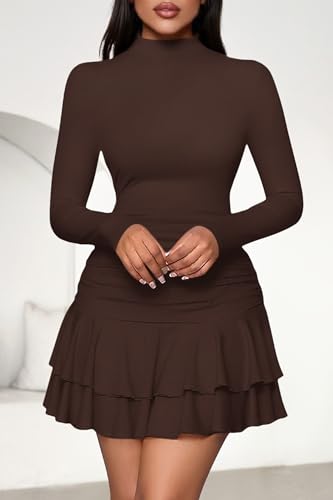PRETTYGARDEN Women's Fall Long Sleeve Dresses 2025 Mock Neck Ruched Y2K Clothes Ruffle Layered Bodycon Mini Party Dress3