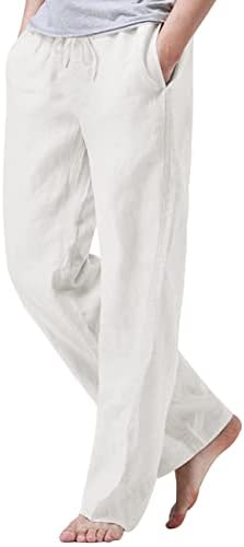 iWoo Mens Leisure Pants Elastic Waist with Pockets Linen-Cotton Drawstring Pants Wxxl White