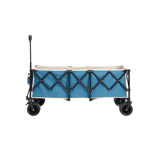 Seyakany Carrello da giardino pieghevole, carrello della spesa con capacità di peso di 220 libbre, con grandi ruote da spiaggia tutto il terreno e portabevande. blu