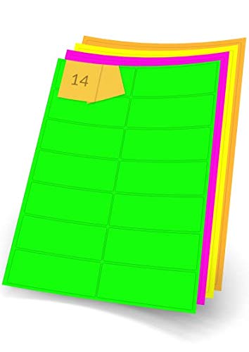 Fluorescent Coloured Rectangle Pink, Orange, Yellow or Green A4 Printer Labels, Inkjet or Laser, 14 per Sheet, 99 x 31mm (Pink, 500)