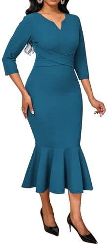 Image of Elegant Dress for Women Sexy V Neck Long Sleeve Bodycon Midi Fishtail Dresses