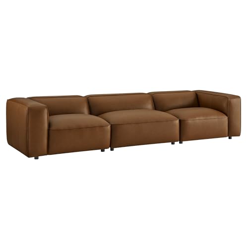 Image of Modway Auren Vegan Leather 3 Piece Modular Sofa in Coffee - Faux Leather 3 Seater Couch - Comfy Mid Century Modern PU Leather Sofa for Living Room, Apartment, Loft