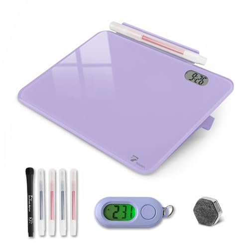Small Glass Desktop Whiteboard with Clock, Mini Pure Glass Dry-Erase Purple