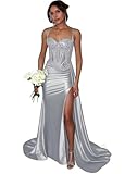Silver Satin Prom Dresses Long with Slit Appliques Satin Pleated Mermaid Formal Gown Spaghetti Straps Prom Dress Size 12