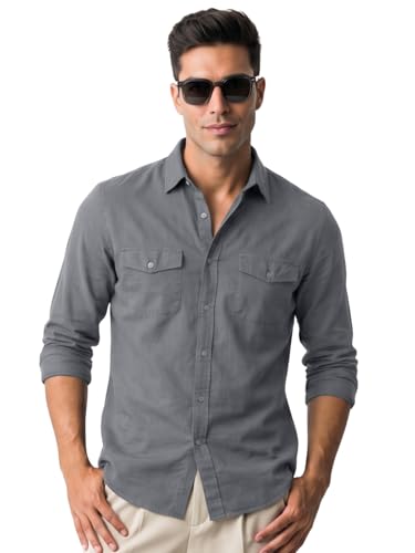 Image of Veirdo Men's Pure Cotton Utility Shirt | Full Sleeve Casual Button-Down with Dual Chest Pockets | Stylish & Comfortable Everyday Wear | Colors: Beige, Black, Maroon, Olive, Rust & White