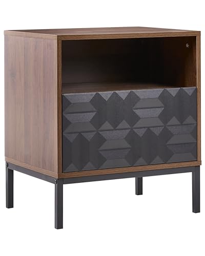 Beliani Comodino con ripiano e cassetto con motivo geometrico Marrone scuro