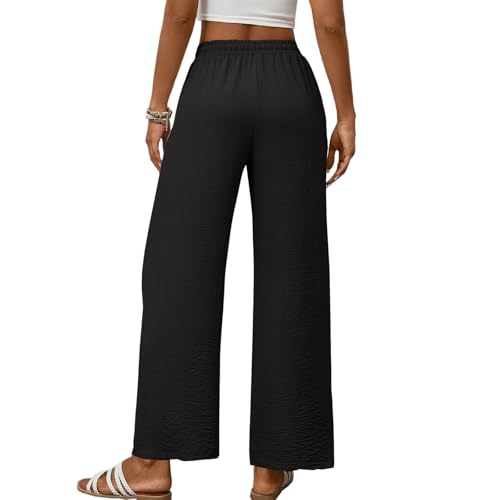 Women's Wide Leg Pants Adjustable Tie Knot Elastic Waist Palazzo Pants High Waist Loose Flowy Trousers with Pockets4