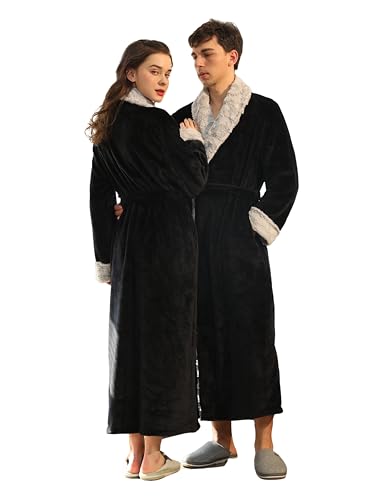 BERDITH Albornoz Mullido Largo Con Capucha para Mujer, Tallas Grandes, Unisex para Parejas, Bata Con Cinturón Largo, Negro, M