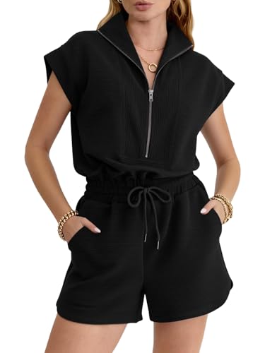 Image of Rompers for Women Summer Short Sleeve Half Zip Lapel Collar Jumpsuit Casual Drawstring One Piece Outfits with Pockets