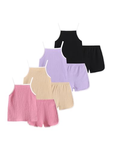 Image of Girls Summer Clothes 4 Piece Cute Outfits Cami Tank Top and Dolphin Shorts Sets for Kid Casual, Dance, Beach