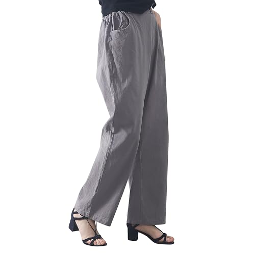 Casual Linen High Waist Pants with Elastic Waistband and Straight-Leg Design Summer Trousers with Side Pockets4