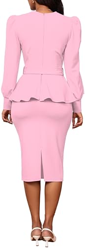 Image of Dresses for Women Elegant Long Sleeves Ruffles Pencil Knee Length Split Business Dress with Belt Zipper