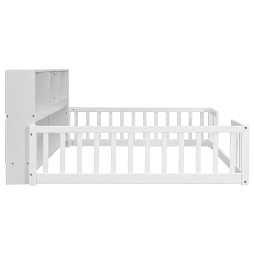 Full-Montessori-Floor-Bed-with-Bedside-Bookcase-Shelves-for-Girls-BoysFull-Size-Floor-Bed-wSafety-Guardrails-for-GirlsBoysNo-Box-Spring-Needed-White Full Montessori Floor Bed with Bedside Bookcase Shelves for Girls BoysFull Size Floor Bed wSafety Guardrails for GirlsBoysNo Box Spring Needed White