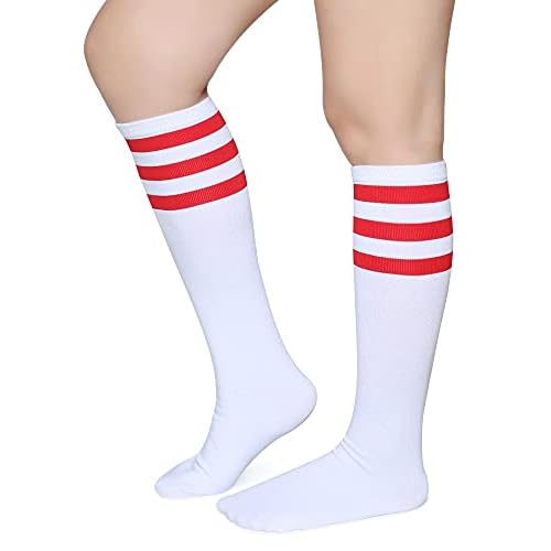 Pareberry Triple Stripes Soft Cotton Knee High Tube Socks for Men and Women One Size Red/White