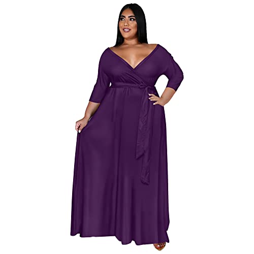 Image of Nmoder Plus Size Maxi Dress for Women - Summer Casual 3 /4 Sleeve Floral Flowy Long Dress with Belt XL- 6XL