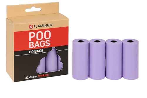 Sacchetti cane cacca – 60 pezzi biodegradabili – 22x32 cm – Colore viola – Flamingo