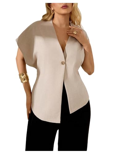 WDIRARA Women's Plus Size V Neck Button Asymmetrical Hem Blouse Short Sleeve Blazer Work Business Jackets