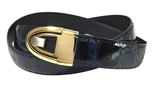 EDNA Bonded Leather Crocodile Skin Print Dress Belt Navy Blue
