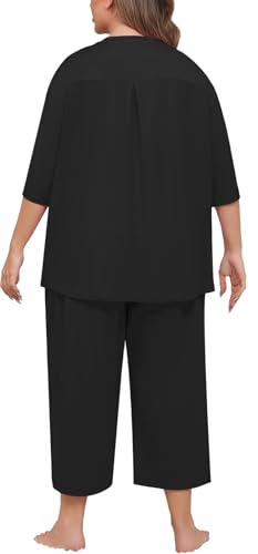 Lastshe Women's Plus Size Pajama Set 2 Piece V Neck Capri Pants Loungewear with Pockets Knit Soft Pjs Sleepwear4