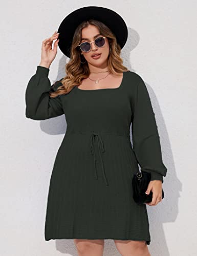 Image of Women's Plus Size Casual Sweater Dress Square Neck Long Lantern Sleeve Tie Waist Loose Pullover Sweater Dresses
