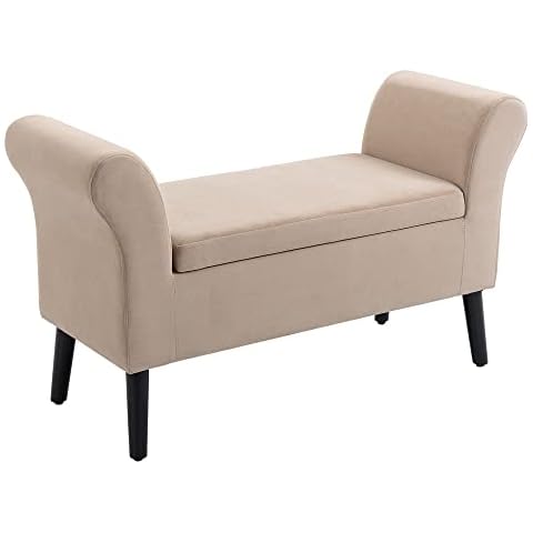 HOMCOM Sitzbank Polsterbank mit Stauraum Armlehnen Truhenbank modern Flur Schlafzimmer Wohnzimmer samtartiges Polyester Gummiholz Beige 111,5 x 41 x 65 cm Cover