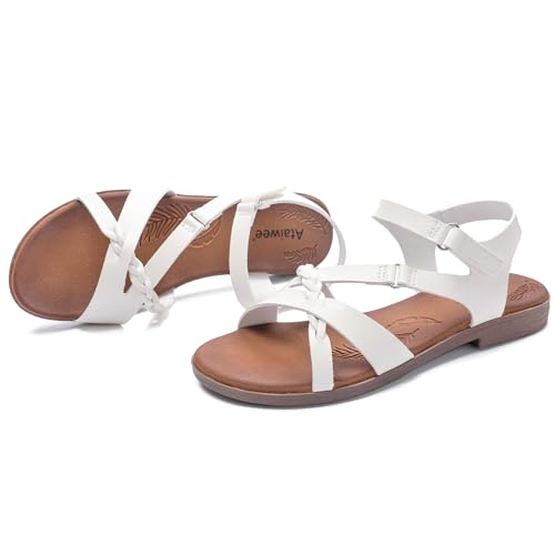Image of Ataiwee Women's Flat Slide Sandals - Comfortable Open Toe Design,Casual Slip-On with Ankle Strap,Hook-and-Loop Closure Summer Sandals.