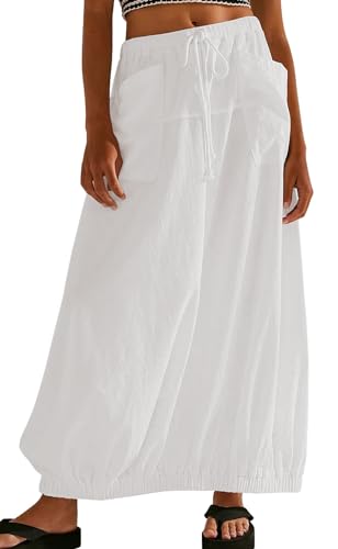 CHARTOU Women Baggy Parachute Skirt Comfy Casual Cotton Y2k Cargo Maxi Long Skirt (Medium, White)