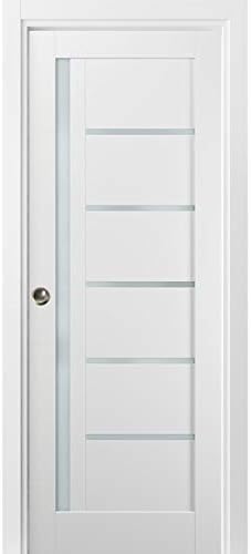 Panel Lite Pocket Door 28 x 80 with Frames | Quadro 4088 White Silk with Frosted Opaque Glass | Kit Trims Rail Hardware | Solid Wood Interior Pantry Kitchen Bedroom Sliding Closet Sturdy Doors