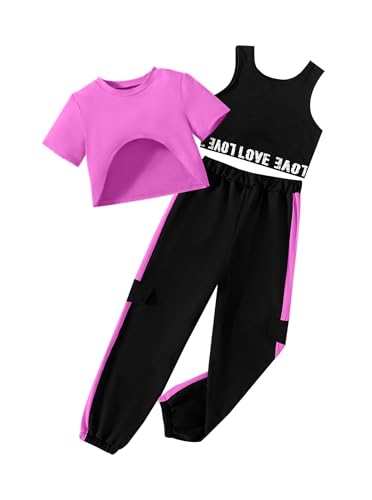 Image of Hilinker Girl's Graphic 3 Piece Outfits Short Sleeve Crop Top Tank and Sweatpants Workout Set Hot Pink Black 11-12Y