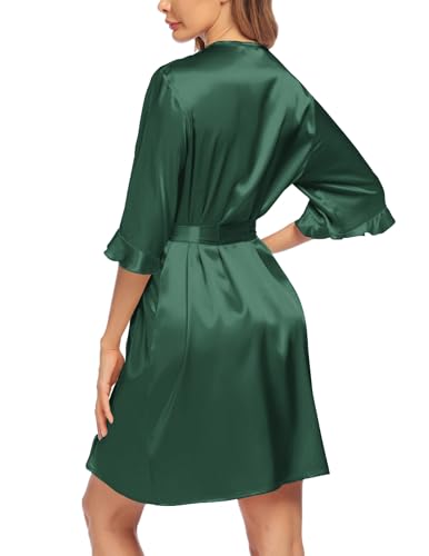 Image of Ekouaer Women's Satin Robe Valentines Lingerie for Women Kimono Bathrobe Short Ruffle Belted Robes Bridesmaids Sleepwear