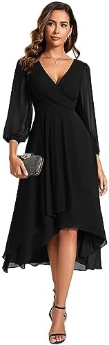Ever-Pretty Women's Chiffon V Neck Long Sleeves A-Line Midi Lengt...