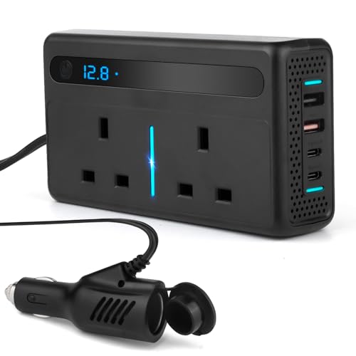 Upgraded 300W Car Power Inverter DC 12V to AC 240V with 2 UK Plug Sockets 2 USB-A and 2 USB-C PD Ports QC3.0 Fast Charging Cigarette Lighter Adapter for Car Truck RV Camping