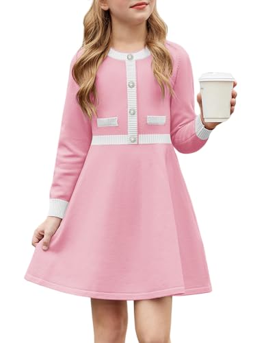 Arshiner Mädchen Kleider Winter Kinder Warm Strickkleid Festliche Pulloverkleid Langarm Kleid für Mädchen 9-10 Jahre Rosa