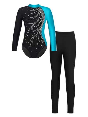 Miaeowve Gymnastik Anzug Kinder Mädchen Mit Hose Langarm Trainingsanzug Strass Glitzer Turnanzug Ballettanzug Stehkragen Body Trikot Tanz Outfit Training Grün&Schwarz 122-128