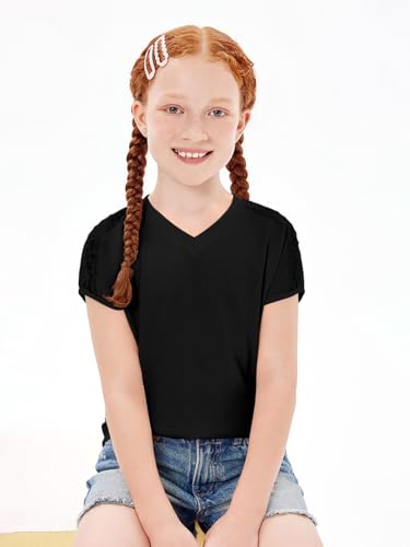 Image of Haloumoning Girls V Neck T-Shirts Kids Summer Swiss Dot Short Sleeve Tops Cute Fashion Tees 5-14 Years