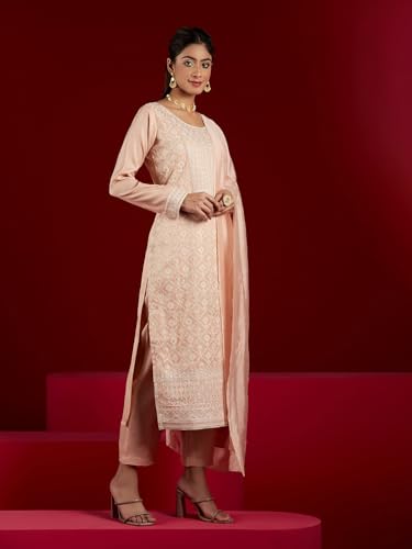 Image of Libas ART Womens Embroidered Silk Blend Straight Kurta With Trousers and Dupatta | ethnic wear | bridal suit | wedding dress | occasion wear