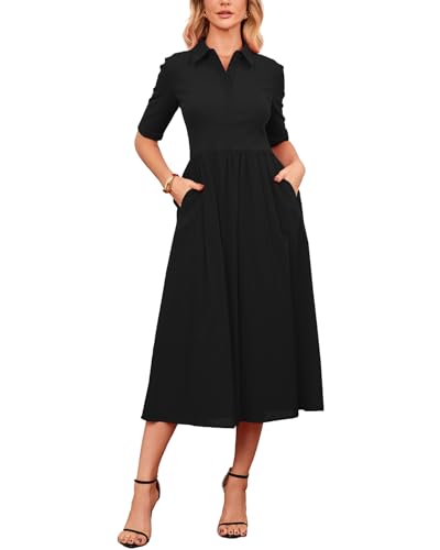 YEXPINE Women's Polo Midi Dress Patchwork Ribbed Knit Short Sleeve Flowy Dress with Pockets Black