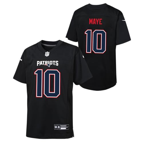 Nike Drake Maye #10 New England Carbon Black Player Jersey - Youth Boys (8-20) (US Numeric 14 16 Regular Patriots - Black)