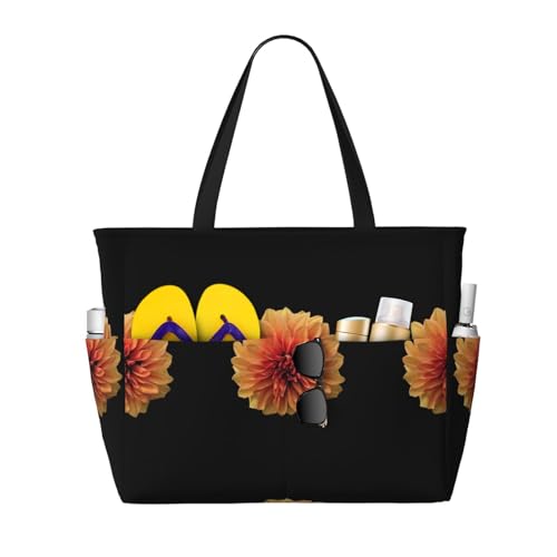 Orange Dalia Print Large Beach Tote Bag for Women Extra Large Capacity Sandproof Waterproof Pool Bag Suitable for Swimming Pool Gym Groceries Travel
