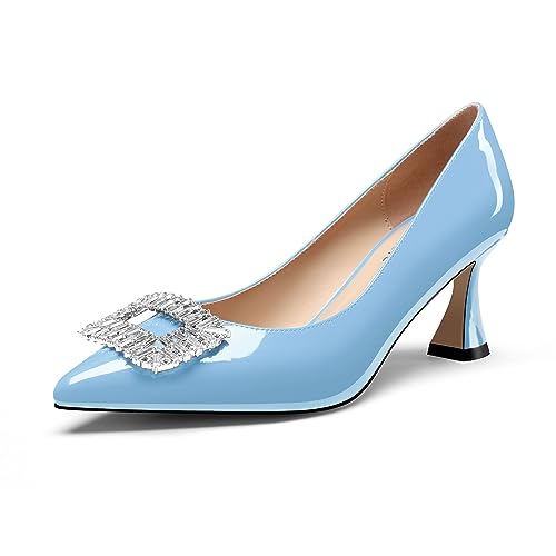 Castamere Womens Mid Heel Pointed Toe Slip-on Rhinestone Crystal Pumps Wedding Prom Patent Leather 2.6 Inches Heels