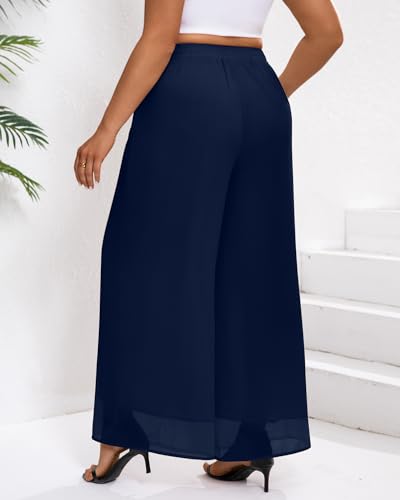 Plus Size Women's Chiffon Wide Leg Pant Flowy Palazoo Pant Loose Fit High Waisted Trouser for Ladies3