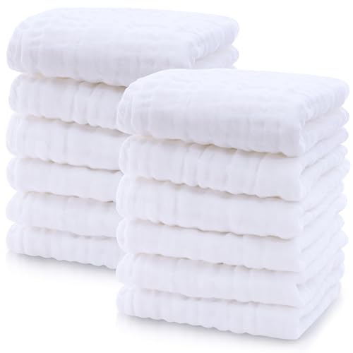 Cute Castle 12 Pack Muslin Baby Washcloths - Large 12'' by 12'' - Ultra Soft 100% Cotton - Super Absorbent Burp Cloths for Unisex, Boy, Girl -White