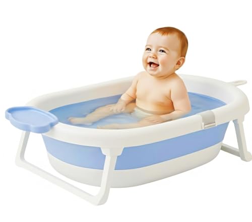 Image of Foldable Baby Bathtub for 0-3 Years | Collapsible Portable Bath Tub with Soap Holder & Drain Plug | Non-Slip Legs, Heat Retention Design, BPA-Free Safe Material (Blue)