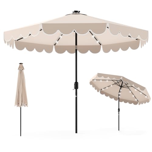 Tangkula 9 FT Solar Patio Umbrella 2-Tiers Scalloped Outdoor Table Market Umbrella with 24 LED Lights Vented Top Tilt Adjustment Crank 8 Ribs for Backyard Poolside Deck Beach Lawn (Beige)